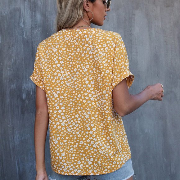 New Floral Print Batwing Sleeve Blouse Yellow - Picture 3 of 7